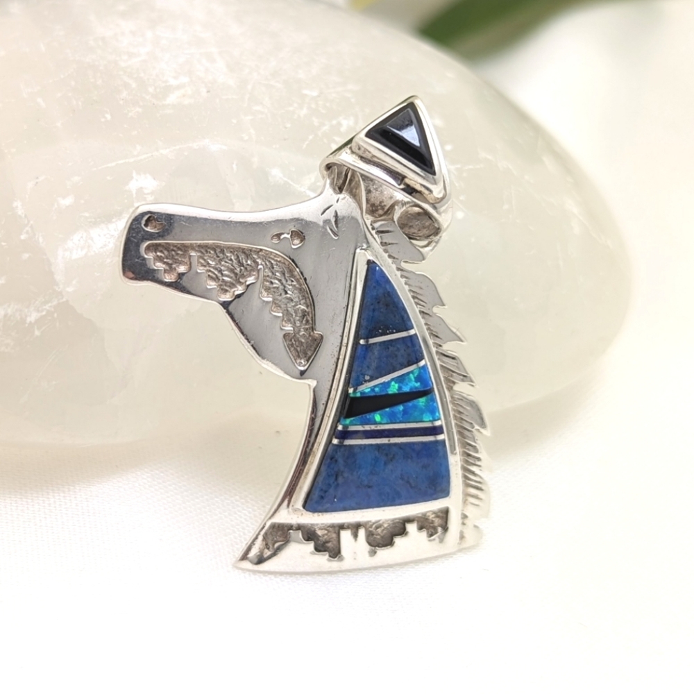 Rare Native Calvin Begay Sterling Horse Head Pendant with Gemstone Inlay